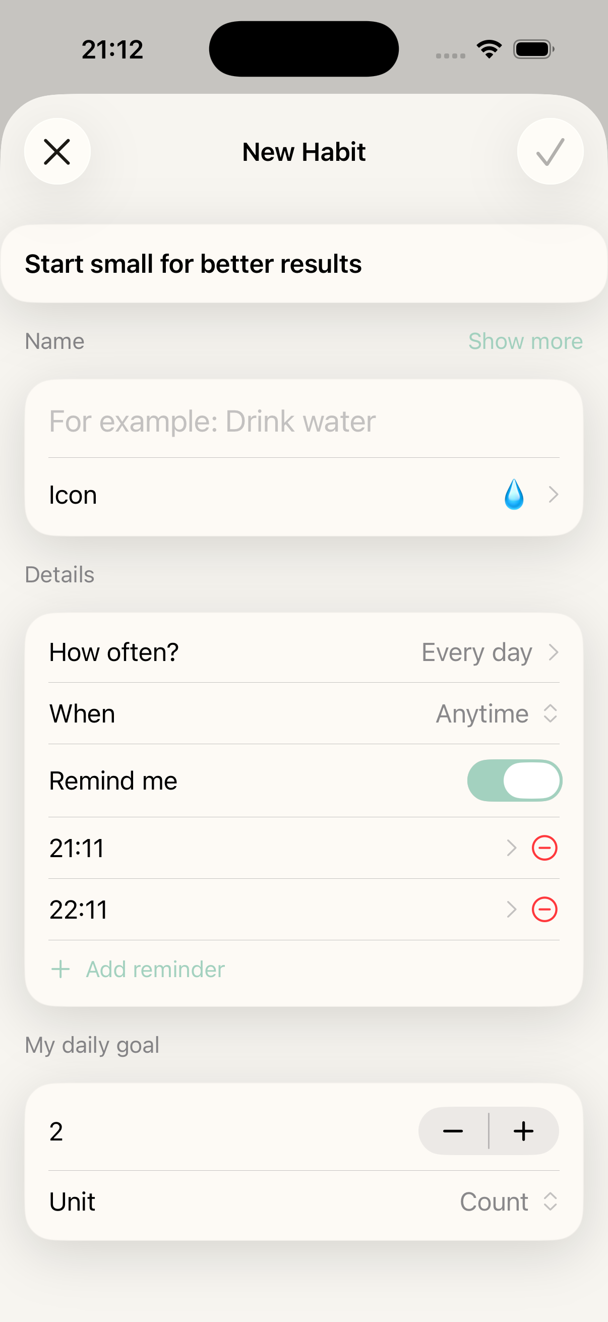 Habit detail with streak stats, heatmap, and monthly calendar