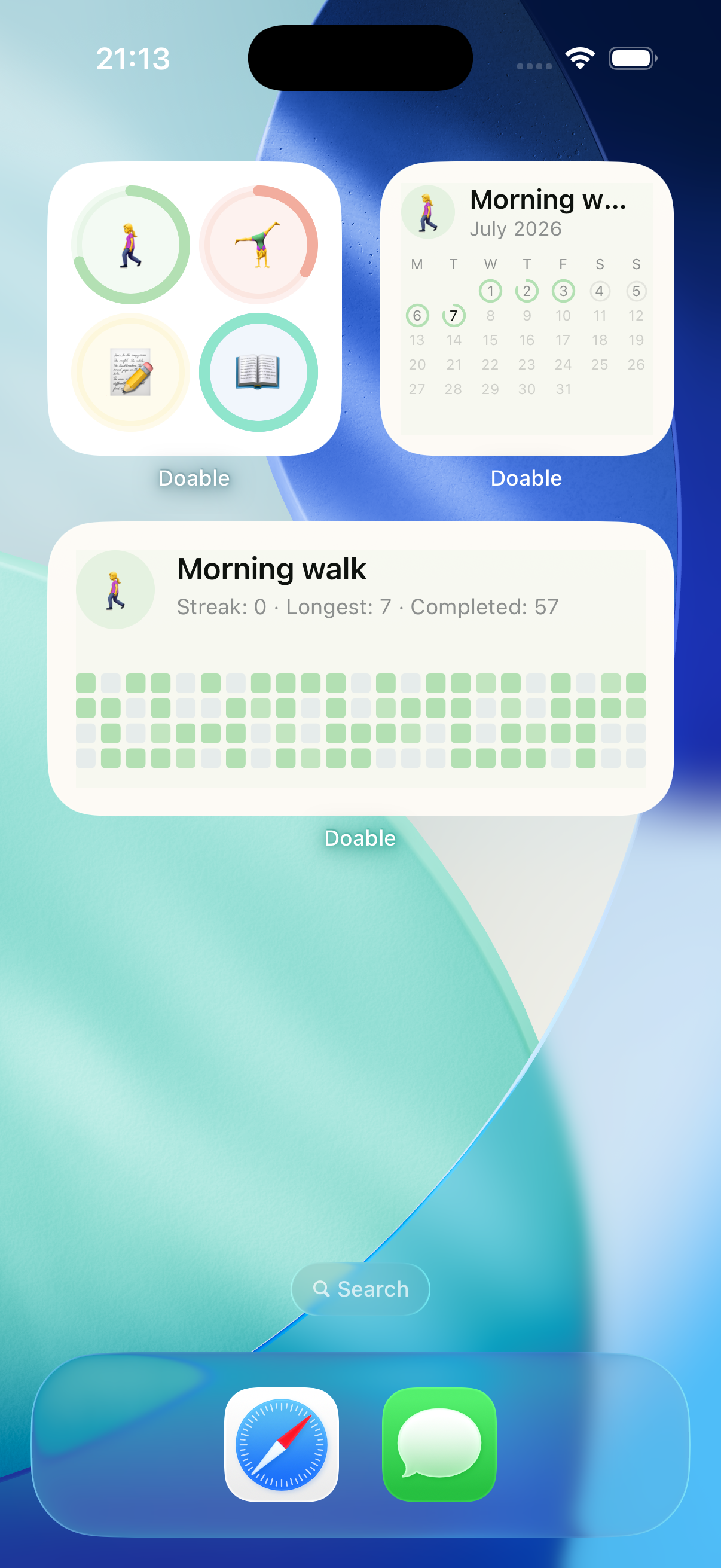 Home Screen widgets showing habit rings, calendar, and heatmap
